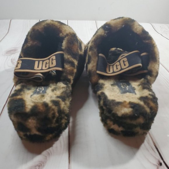 Ugg Slipper Shoes 8 Womens Fuax Fur Spell Out Heel Strap Black Brown Leopard - Picture 6 of 9